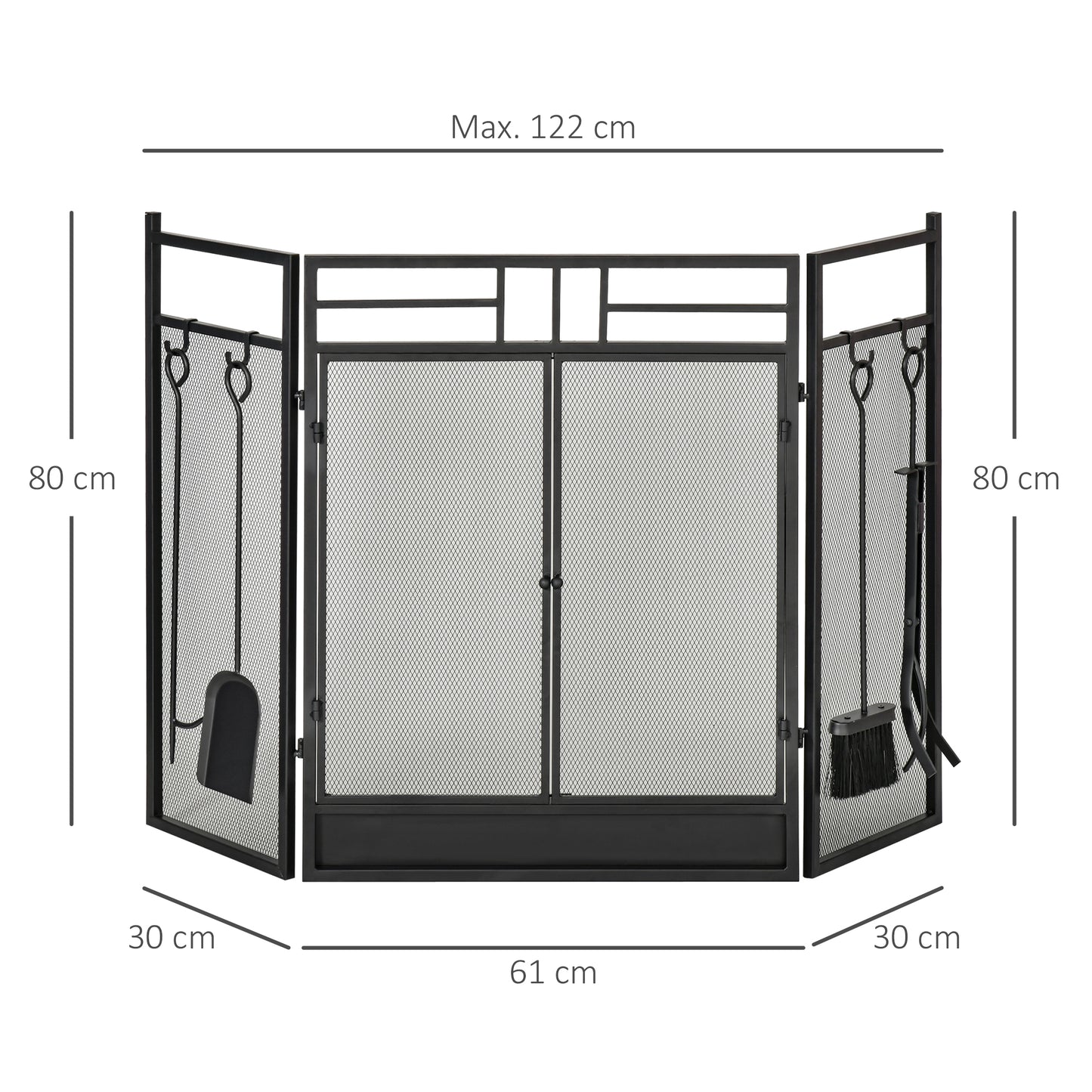 HOMCOM 3 Panel Folding Fire Guard, Steel Fireplace Screen with Double Door and Mesh Design for Open Fire, 122W x 80H cm, Black