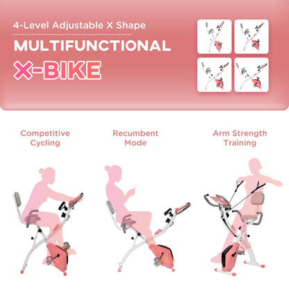 HOMCOM 2-in-1 Upright  Exercise Bike Stationary Foldable Magnetic Recumbent Cycling with Arm Resistance Bands Pink