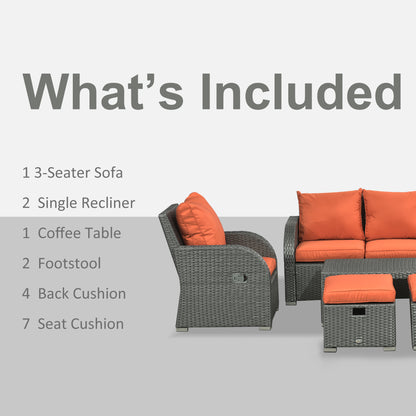 Outsunny 6pc Outdoor Rattan Wicker Furniture Set with 3-Seat Sofa, 2 Single Sofas, 2 Footstools and Coffee Table Orange