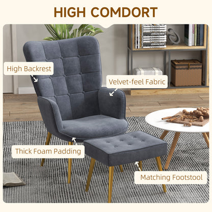 HOMCOM Upholstered Armchair w/ Footstool Set, Modern Button Tufted Accent Chair w/ Gold Tone Steel Legs, Wingback Chair for Living Room, Dark Grey