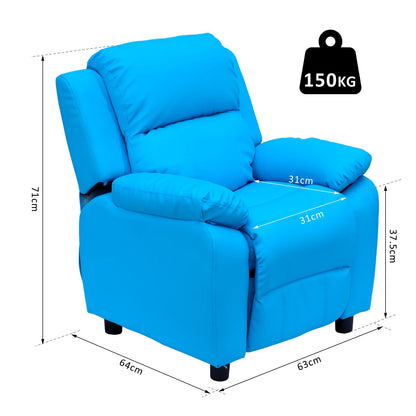 HOMCOM Kids Children Recliner Lounger Armchair Games Chair Sofa Seat PU Leather Look w/ Storage Space on Arms (Blue)