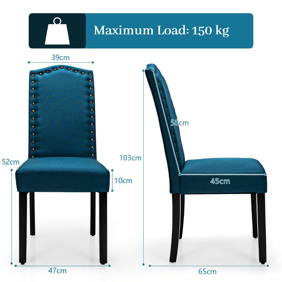 Set of 2 Accent Linen Fabric Upholstered Dining Chair with High Back-Blue