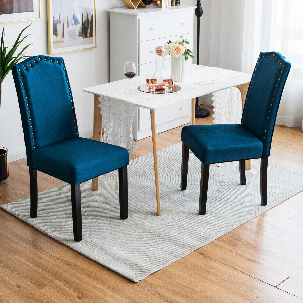 Set of 2 Accent Linen Fabric Upholstered Dining Chair with High Back-Blue