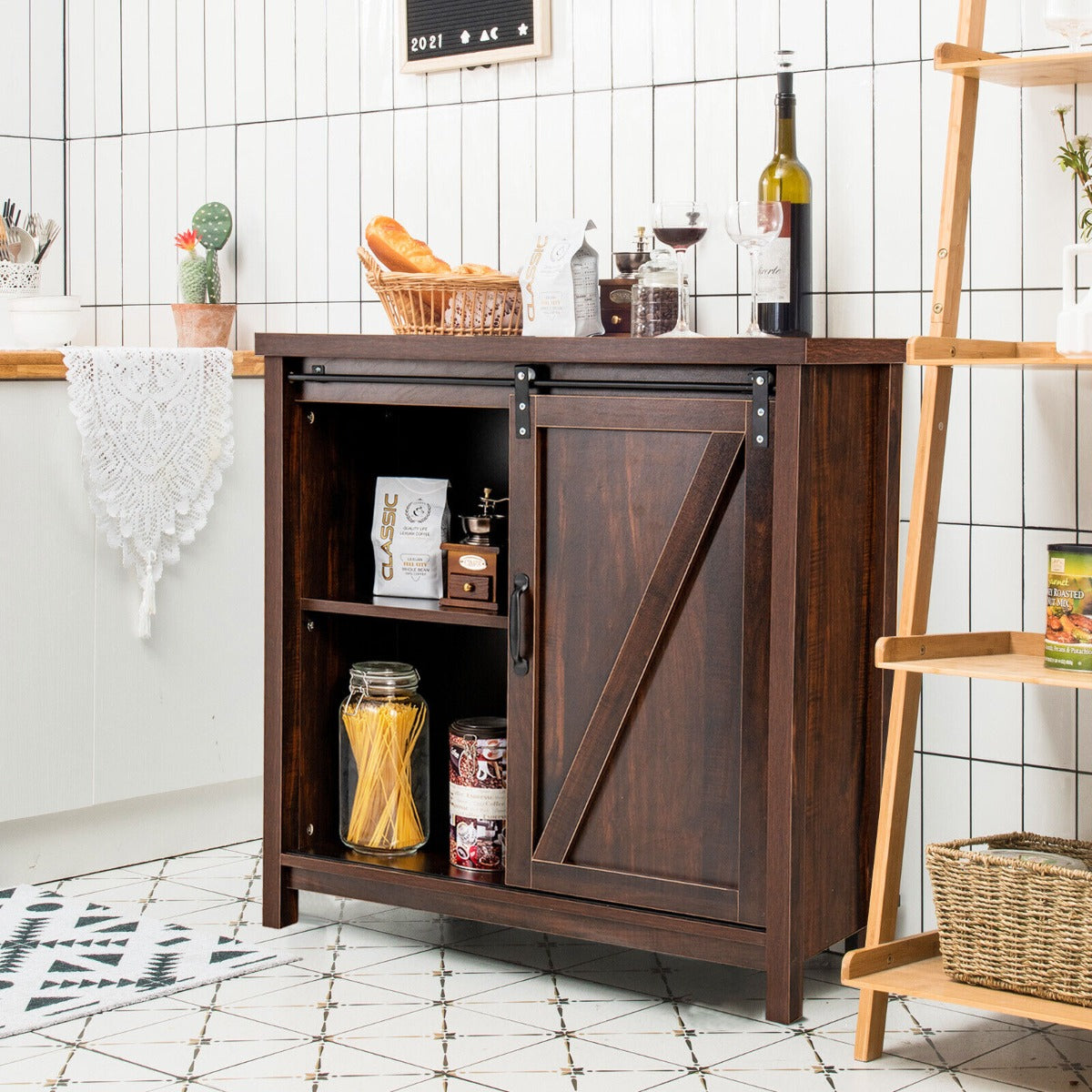 Rustic Sideboard Organizer Freestanding Buffet Storage Cabinet-Brown