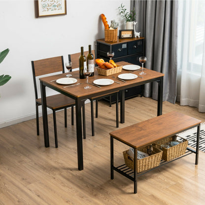 4Pcs Dining Table and Chair Set with Storage Bench-Deep Brown