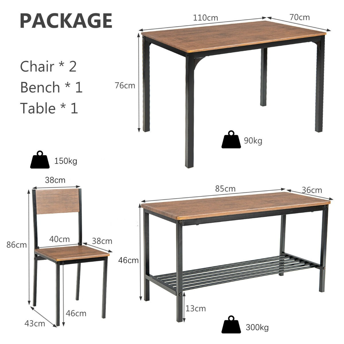 4Pcs Dining Table and Chair Set with Storage Bench-Deep Brown