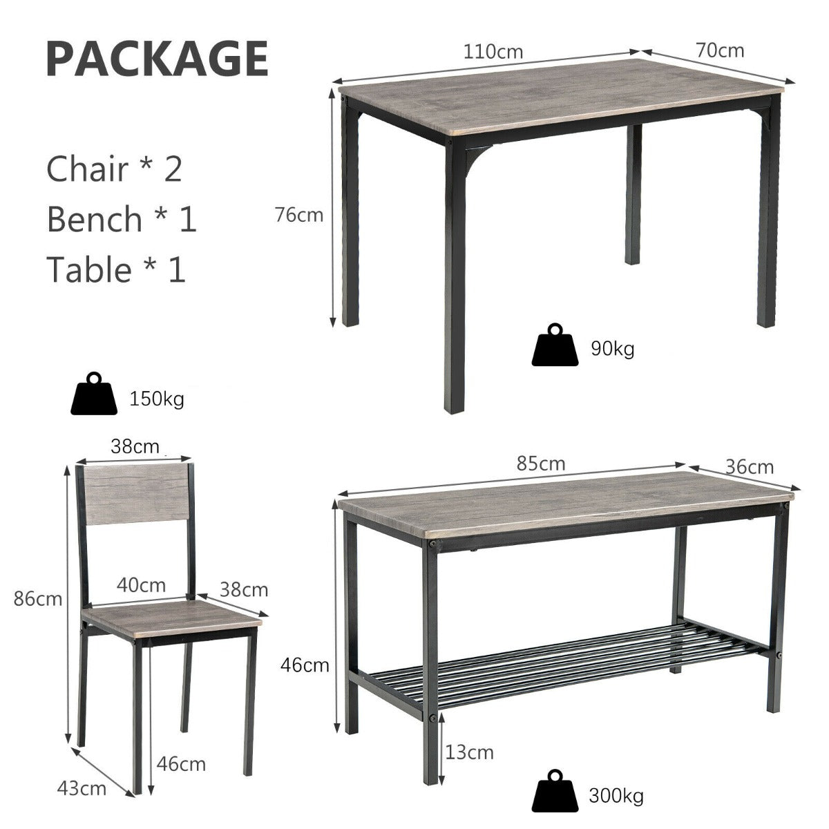 4Pcs Dining Table and Chair Set with Storage Bench-Grey