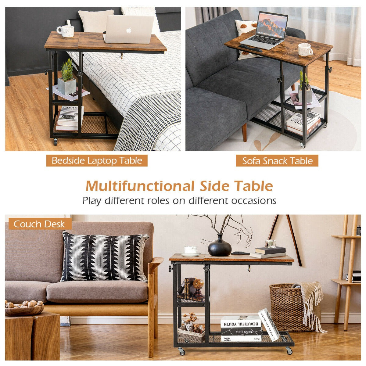 C-Shaped Mobile Couch Side Table with Height Adjustable Storage-Coffee