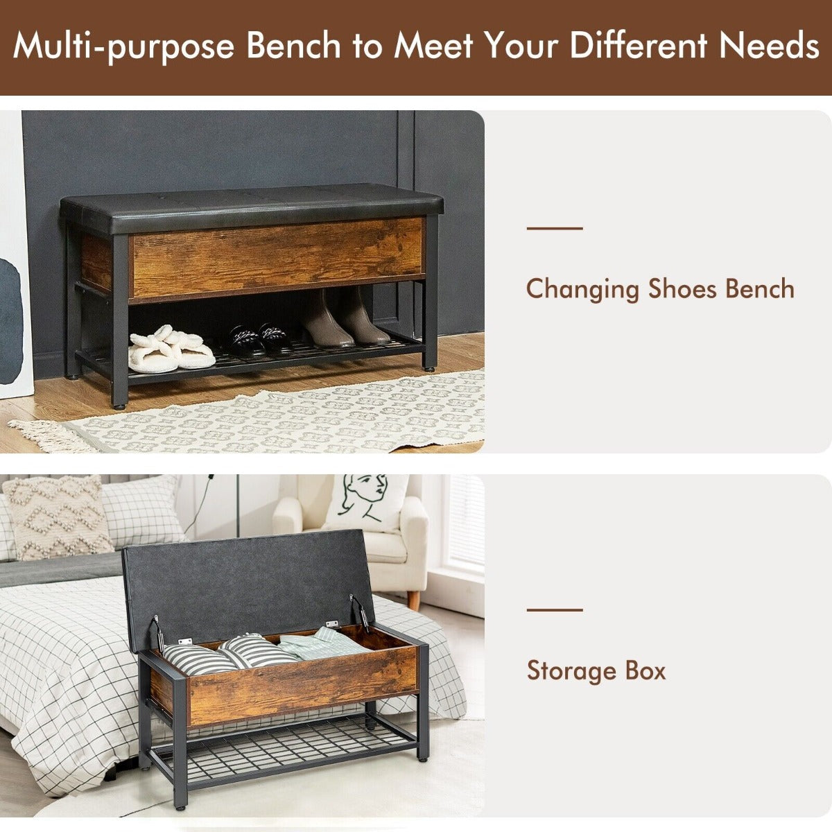 Shoe Bench with Hidden Compartment and Mesh Shelf