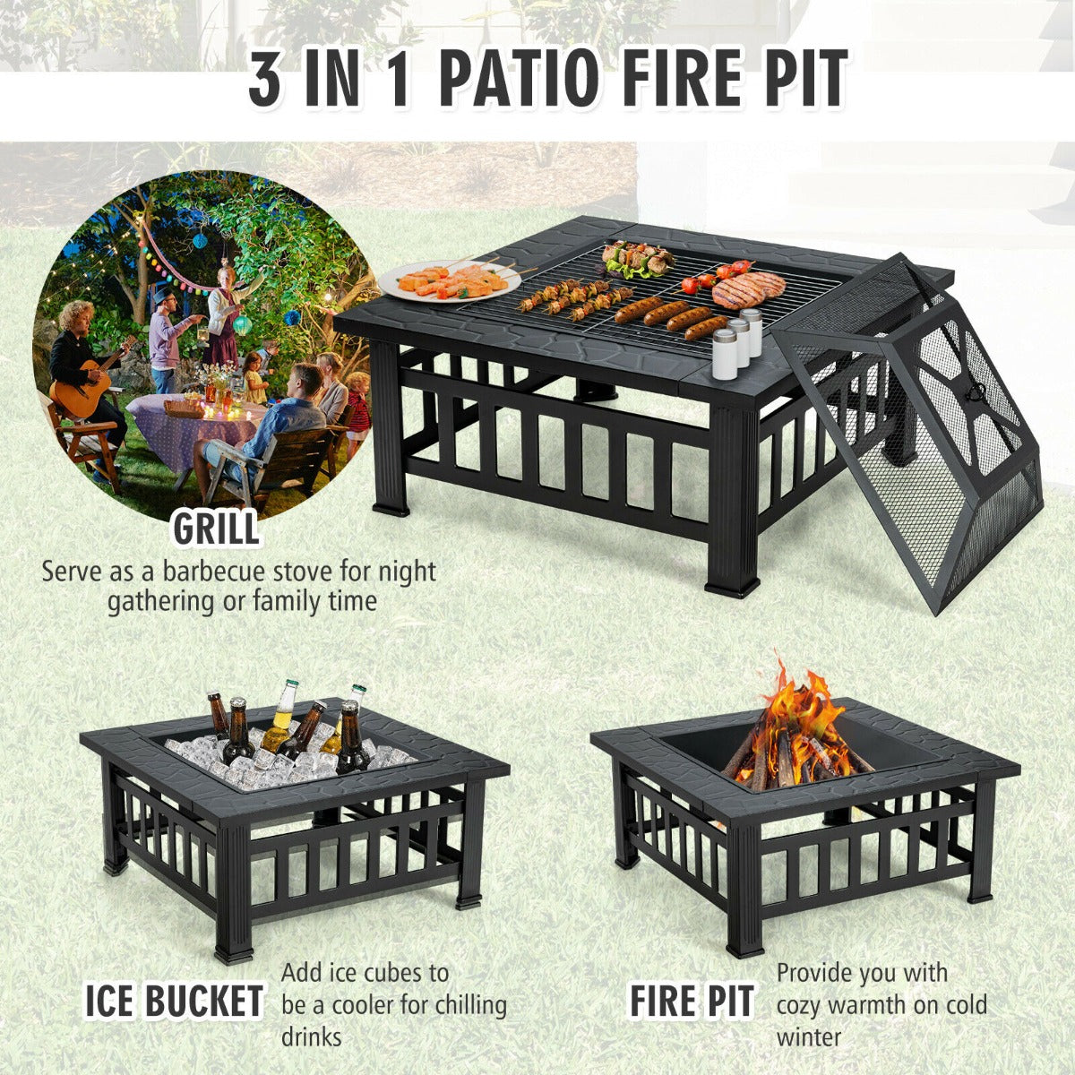 3 in 1 Round Fire Pit Set Outdoor Fireplace for BBQ Camping