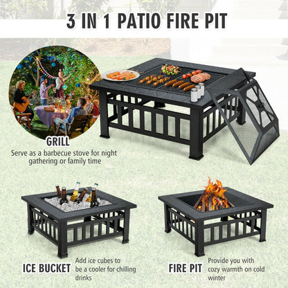 3 in 1 Round Fire Pit Set Outdoor Fireplace for BBQ Camping