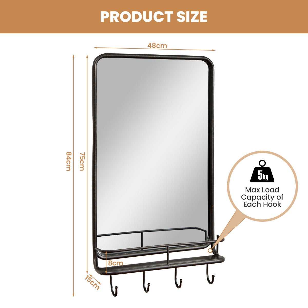 Wall-Mounted Rectangular Bathroom Mirror with Storage Shelf and Hooks