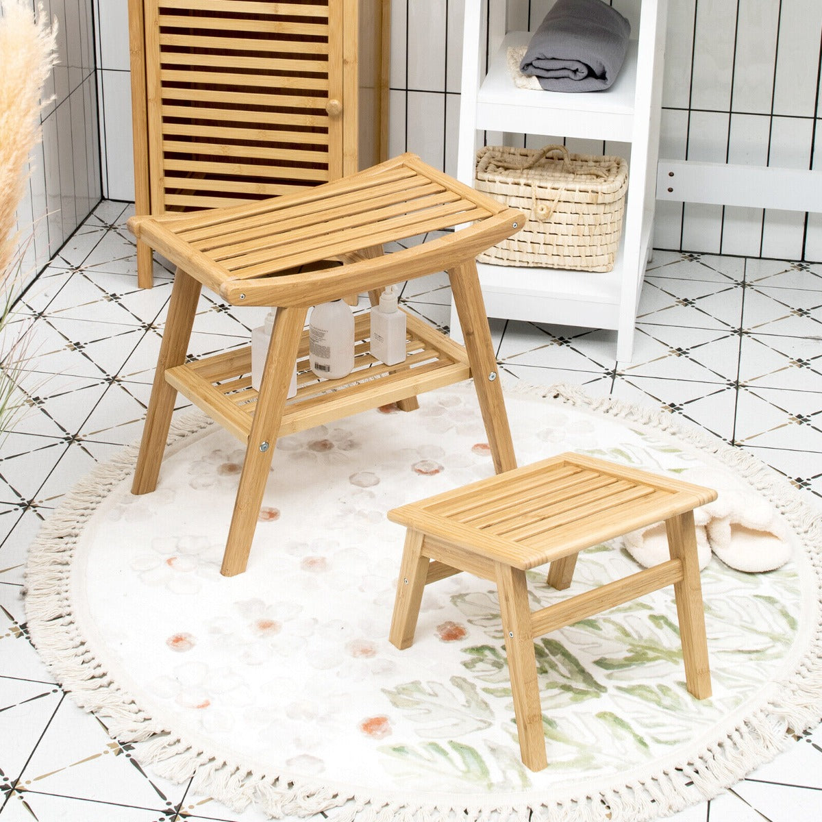 Bamboo Shower Bench Seat with Storage Shelf and Foot Rest-Natural