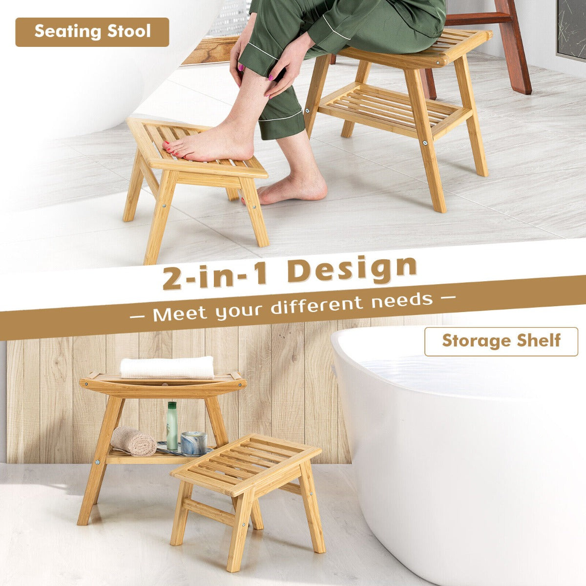 Bamboo Shower Bench Seat with Storage Shelf and Foot Rest-Natural