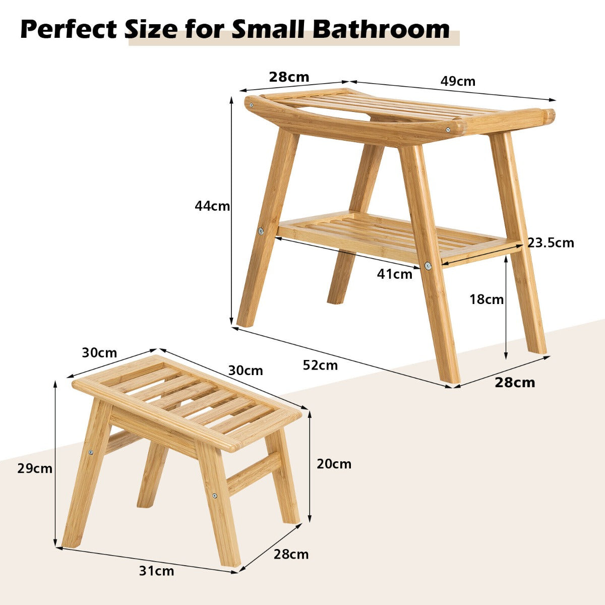 Bamboo Shower Bench Seat with Storage Shelf and Foot Rest-Natural