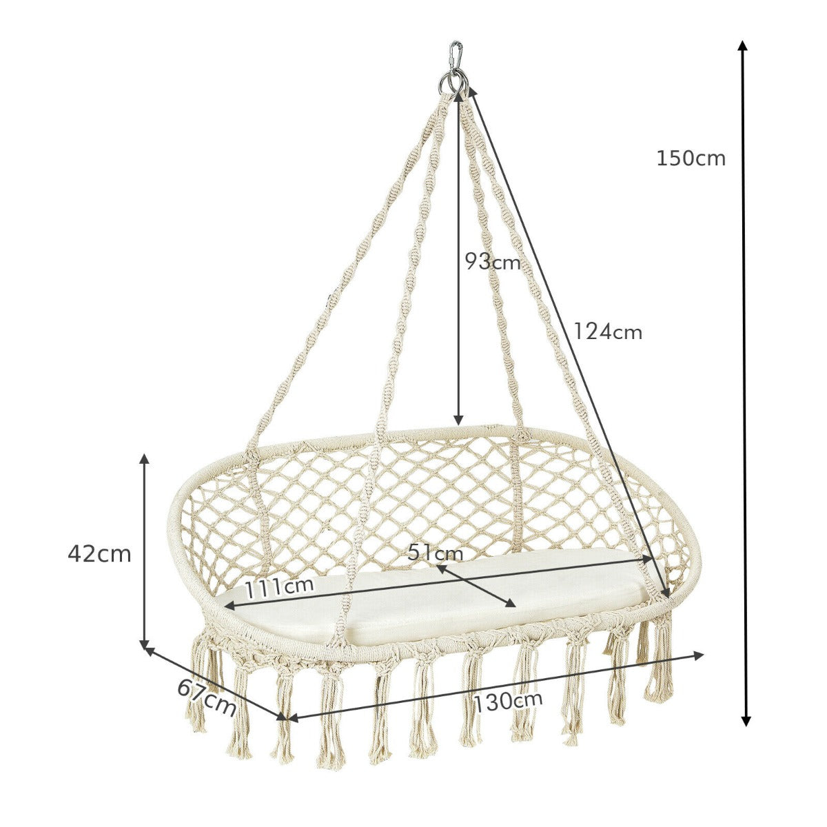 2-Seater Hammock Swing Chair with Cushion for Garden