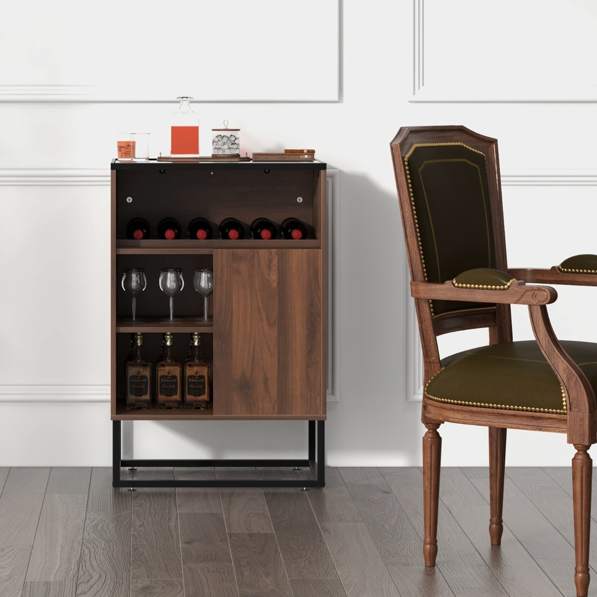 Freestanding Wine Cabinet with Tempered Glass Top-Walnut