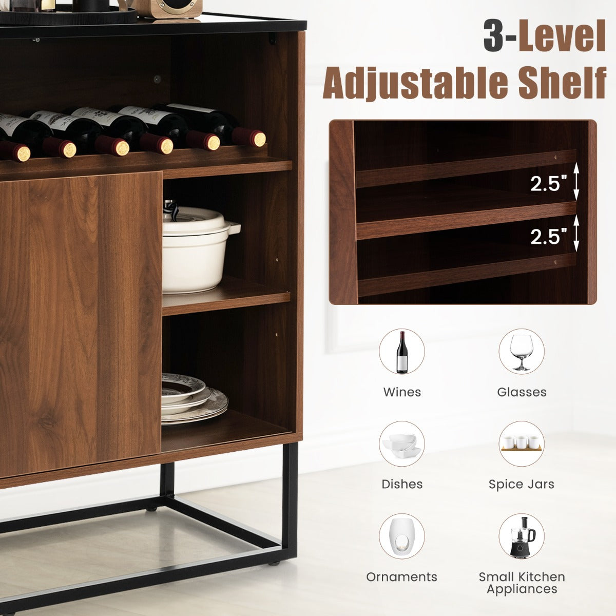 Freestanding Wine Cabinet with Tempered Glass Top-Walnut