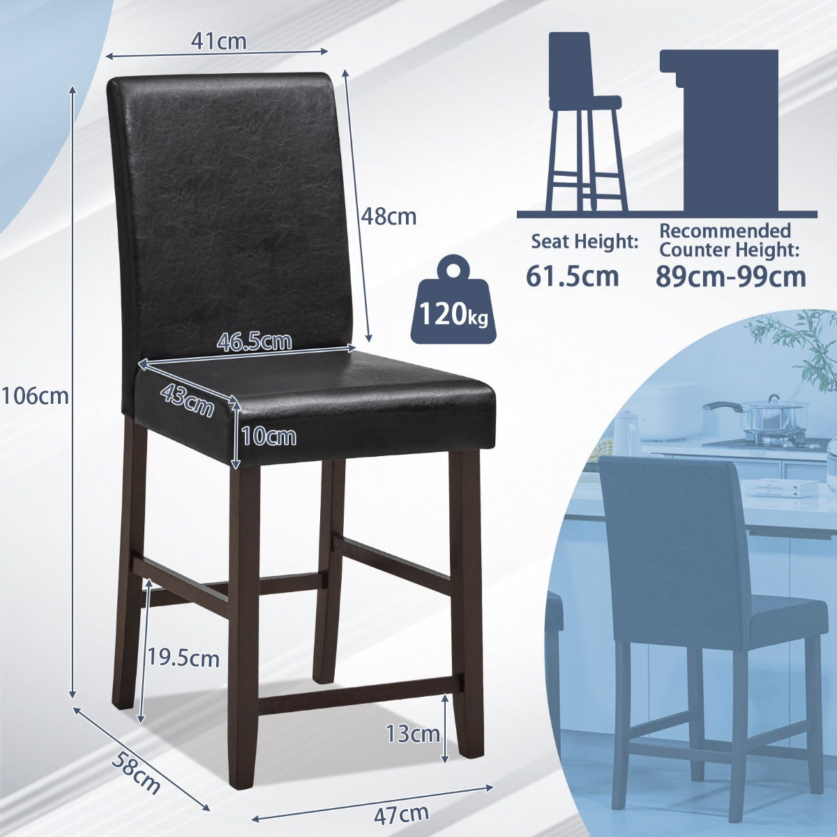 Set of 2 Counter Height Bar Stools with Rubber Wood Legs and Ergonomic Back