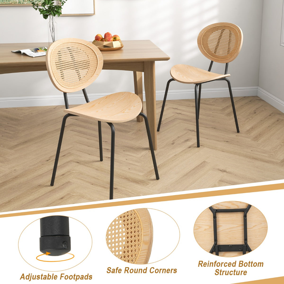 Rattan Dining Chair Set of 2 with Metal Legs and Plywood Seat-Natural