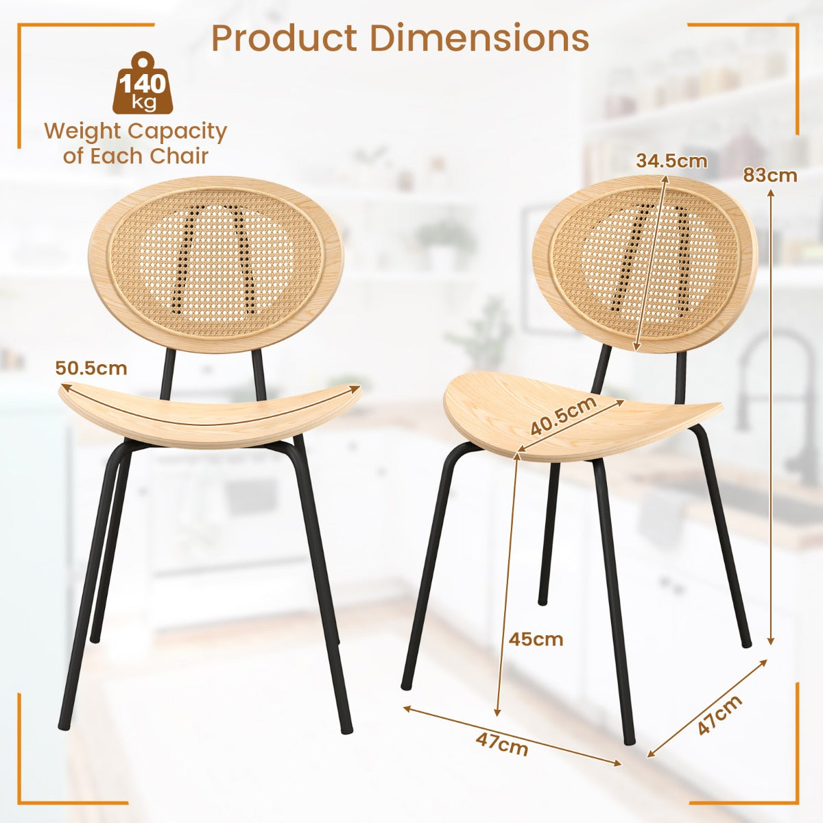 Rattan Dining Chair Set of 2 with Metal Legs and Plywood Seat-Natural