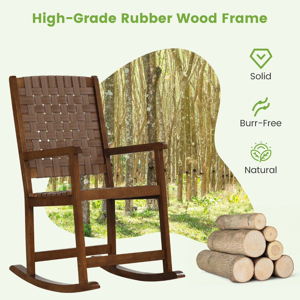 Wood Rocking Chair with PU Seat and Rubber Wood Frame for Porch Backyard Balcony-Brown