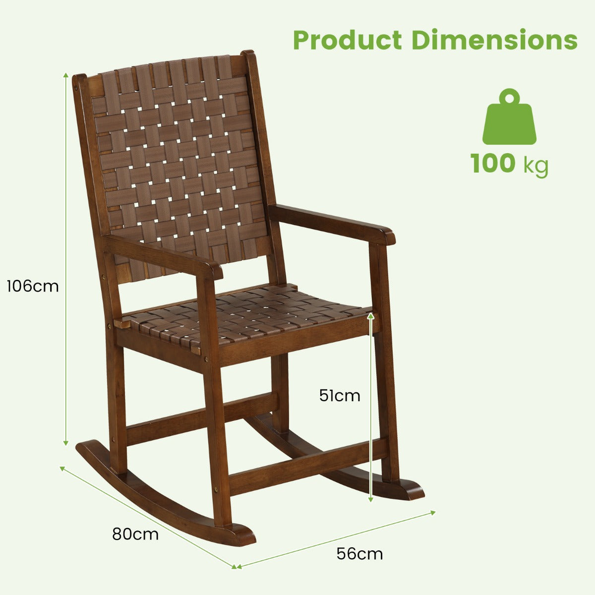 Wood Rocking Chair with PU Seat and Rubber Wood Frame for Porch Backyard Balcony-Brown