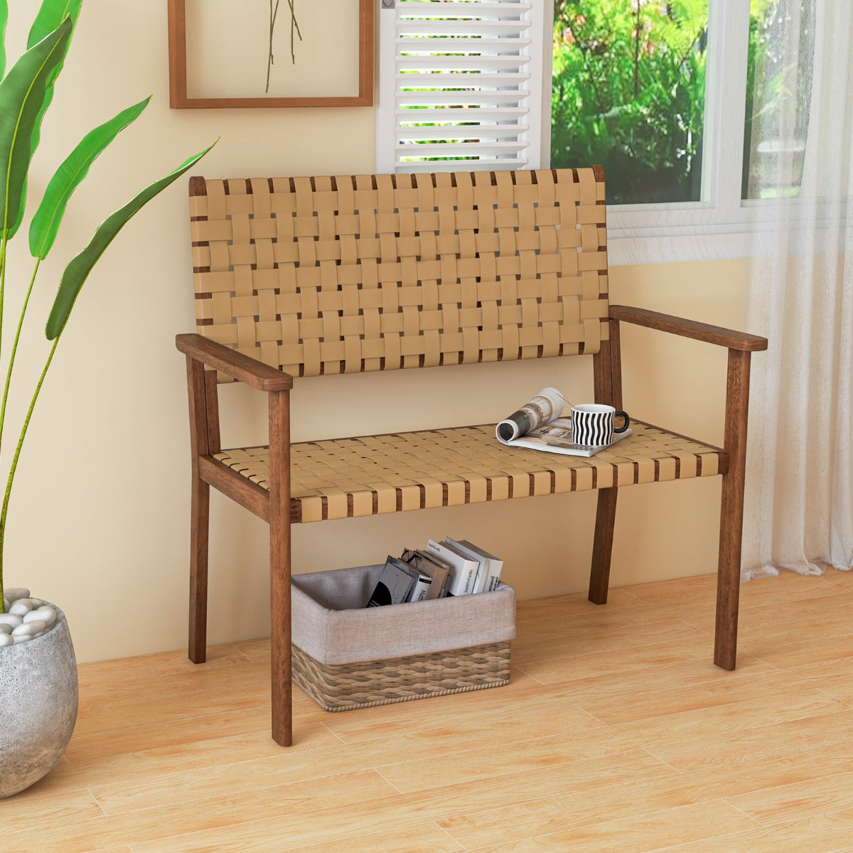 Outdoor All Weather Bench with Solid Rubber Wood Frame and Hand Woven PU Leather-Natural