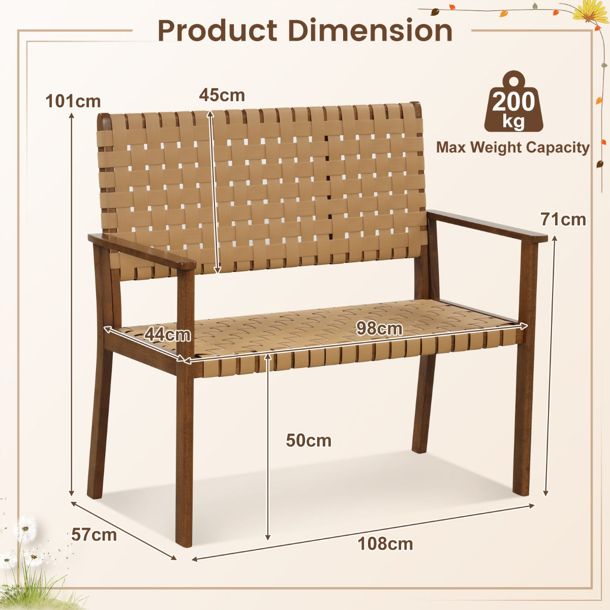 Outdoor All Weather Bench with Solid Rubber Wood Frame and Hand Woven PU Leather-Natural