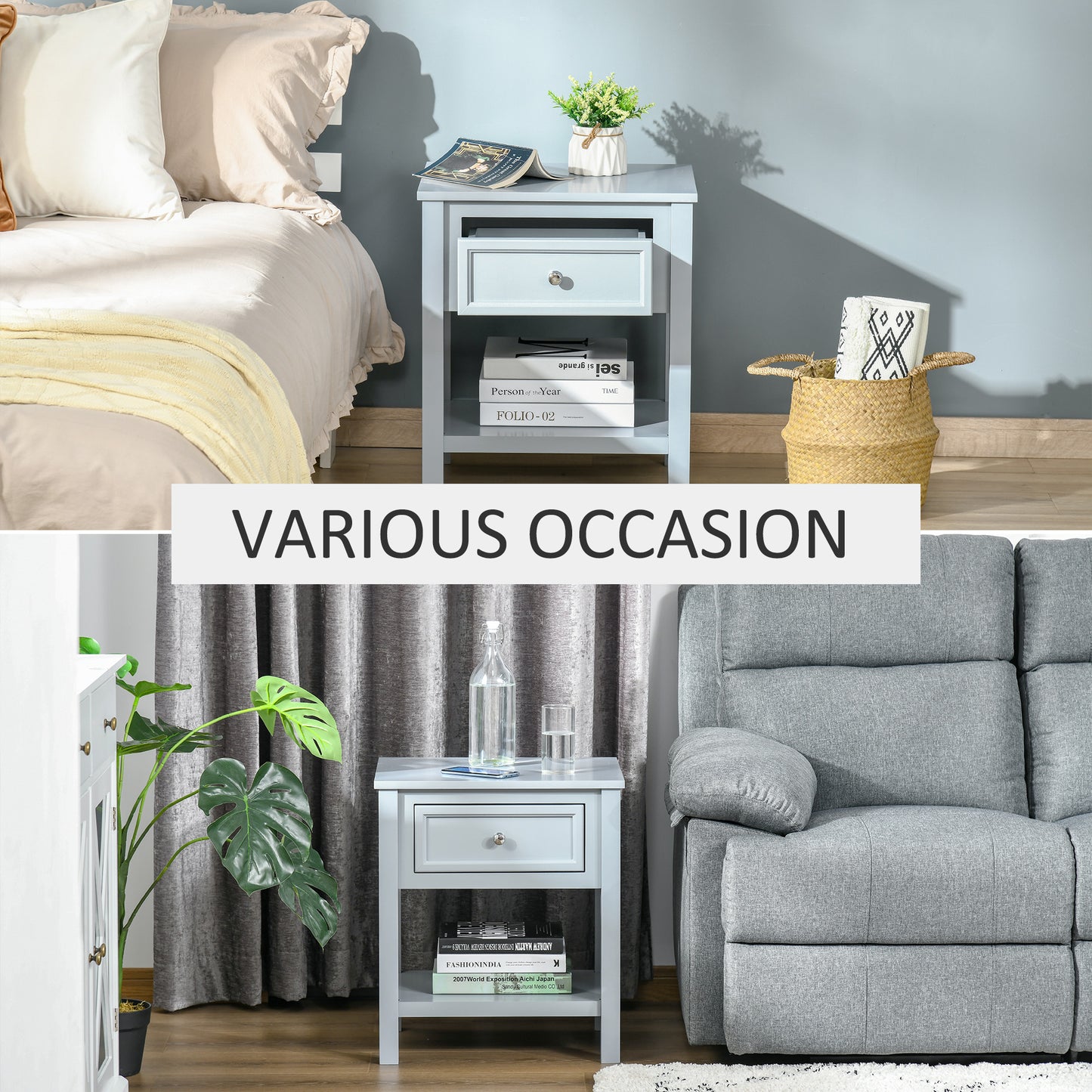 HOMCOM Bedside End Table Nightstand w/ Drawer Open Shelf Table Top Metal Handle Classic Home Stylish Furniture Grey