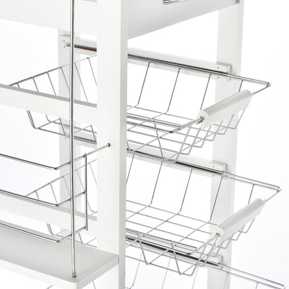 HOMCOM Multi-Use Kitchen Island Trolley w/ 4 Baskets 2 Side Racks Drawer Worktop 4 Wheels Worktop Food Storage Smooth Rolling Compact Furniture White