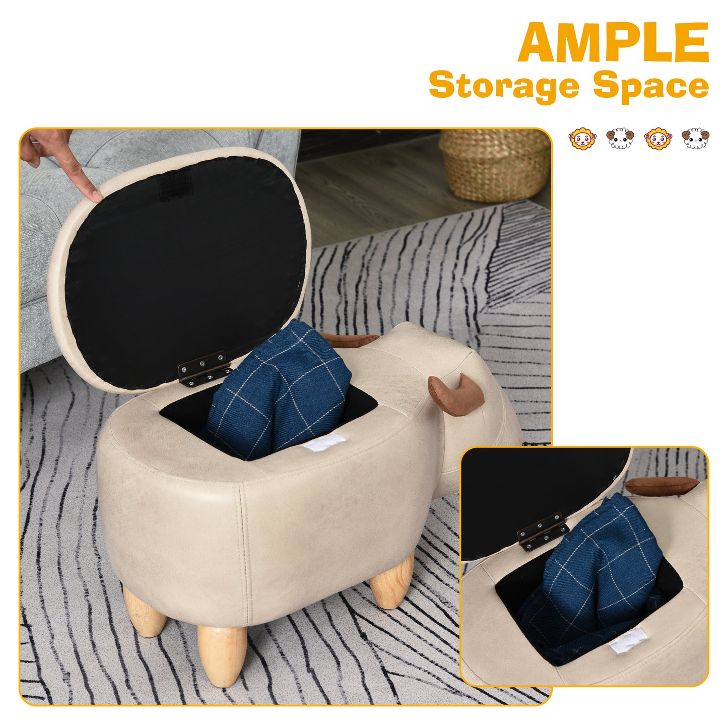 HOMCOM Animal footstool Buffalo Storage Stool Cute Kids Decoration Wood Frame Legs w/Padding Lid Ottoman Furniture Ivory