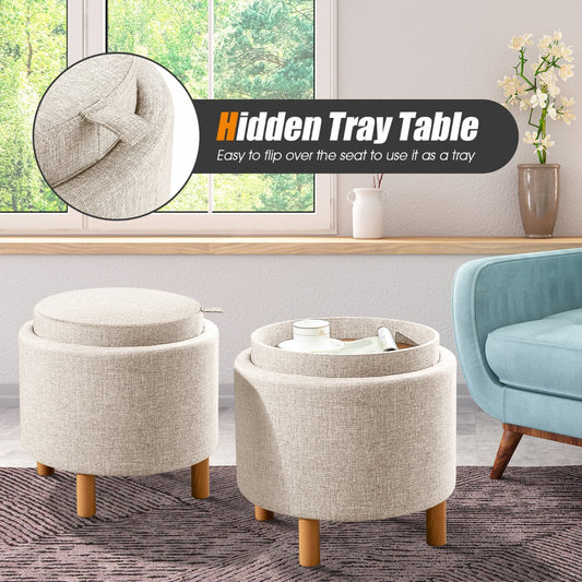 Modern Round Padded Storage Ottoman with Hidden Storage Space-Grey