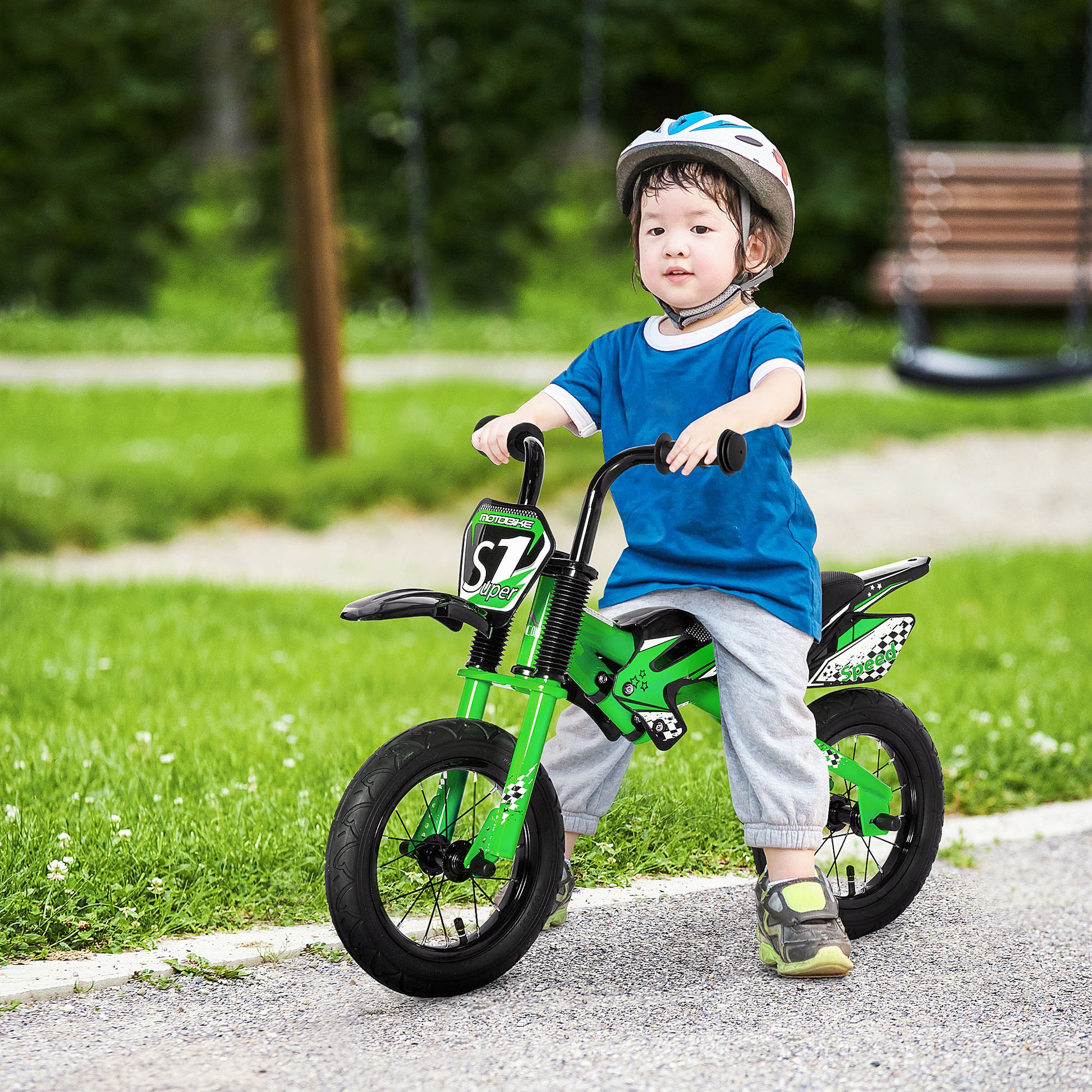 HOMCOM 12" Kids Balance Bike, No Pedal Training Bicycle, Motorbike Look, Steel Frame with Air Filled Tire, Handlebar, PU Seat for 3-6 Years Old, Green