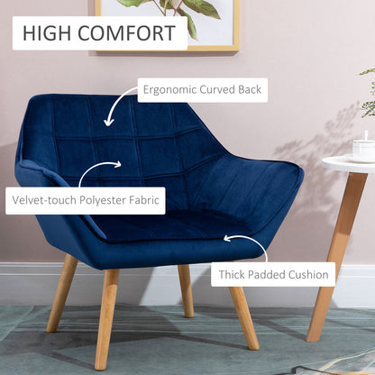 HOMCOM Armchair Accent Chair Wide Arms Slanted Back Padding Iron Frame Wooden Legs Home Bedroom Furniture Seating Set of 2 Blue