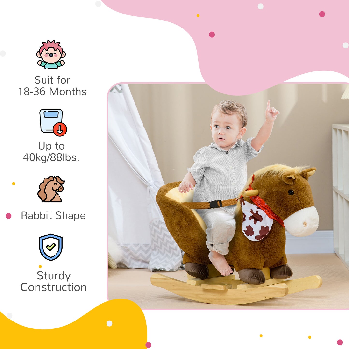 HOMCOM Kids Rocking Horse, Plush Baby Rocking Chair with Safety Harness, Realistic Sound, Foot Pedals, for Toddler Aged 18-36 Months, Brown