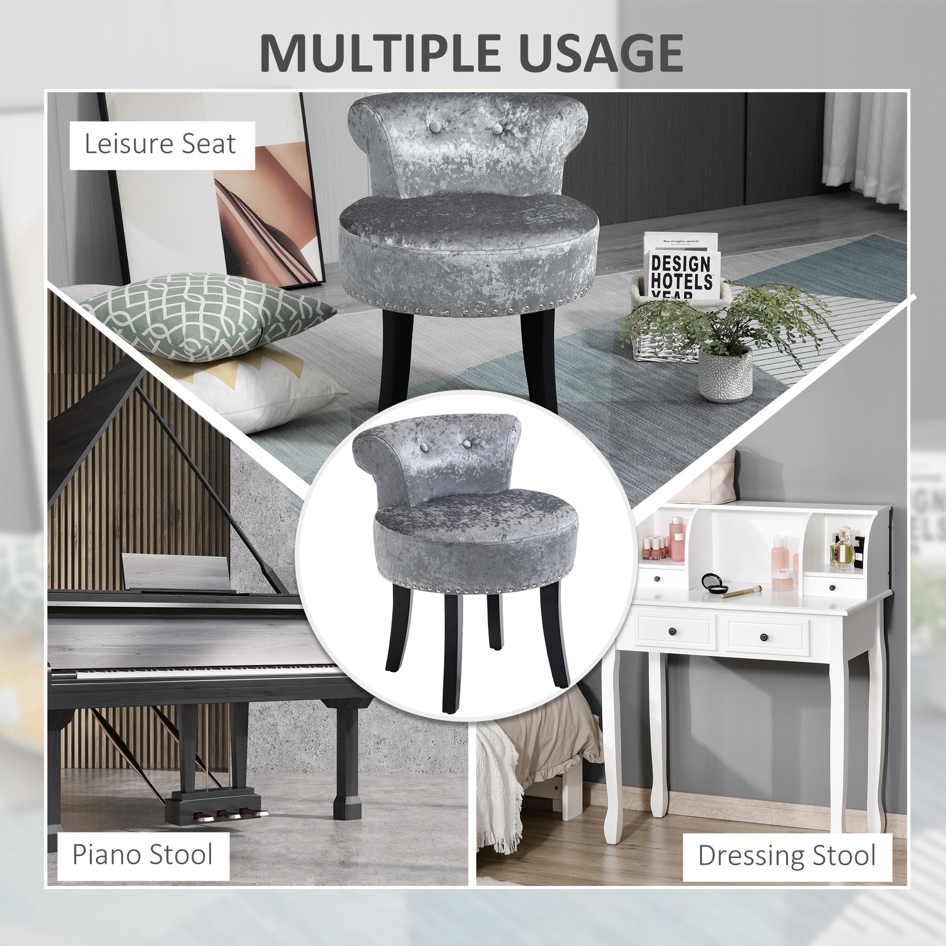 HOMCOM Dressing Table Stool with Rubber Wood Legs Ice Velvet Makeup Seat Dressing Chair for Living Room Dressing Room Bedroom, Grey