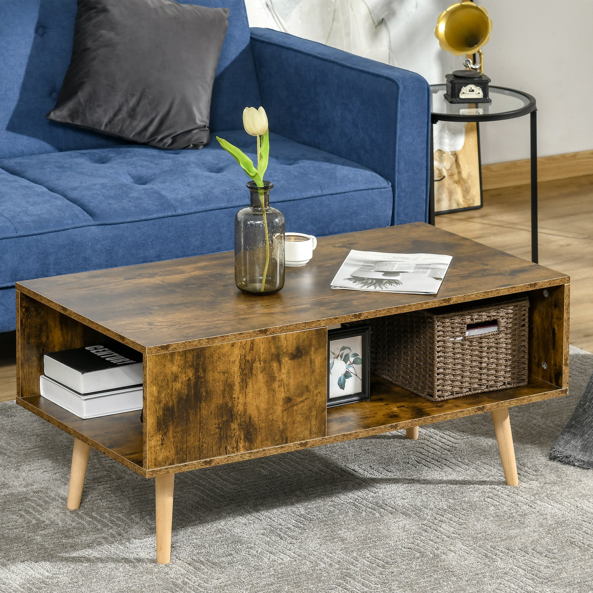 HOMCOM Coffee Table with Open Storage Shelves, Retro Cocktail Table with Solid Wood Legs for Living Room, Rustic Brown