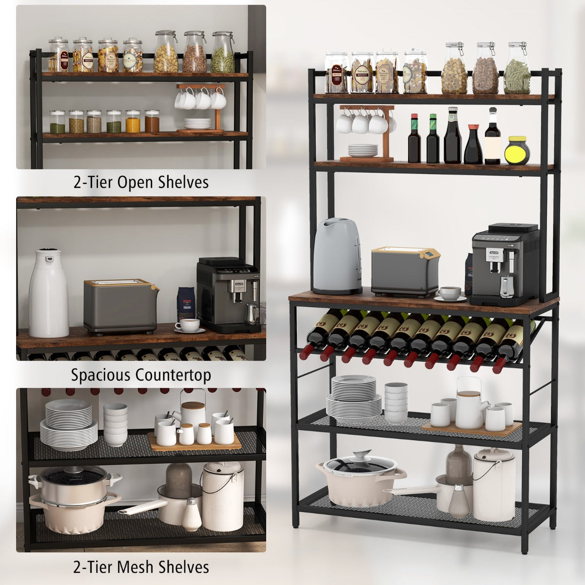 6-Tier Kitchen Baker’s Rack with Wine Storage-Brown