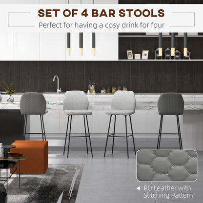 HOMCOM Bar Stools Set of 4, Linen-Touch Upholstered Bar Chairs, Kitchen Stools with Backs and Steel Legs for Dining Room, Light Grey