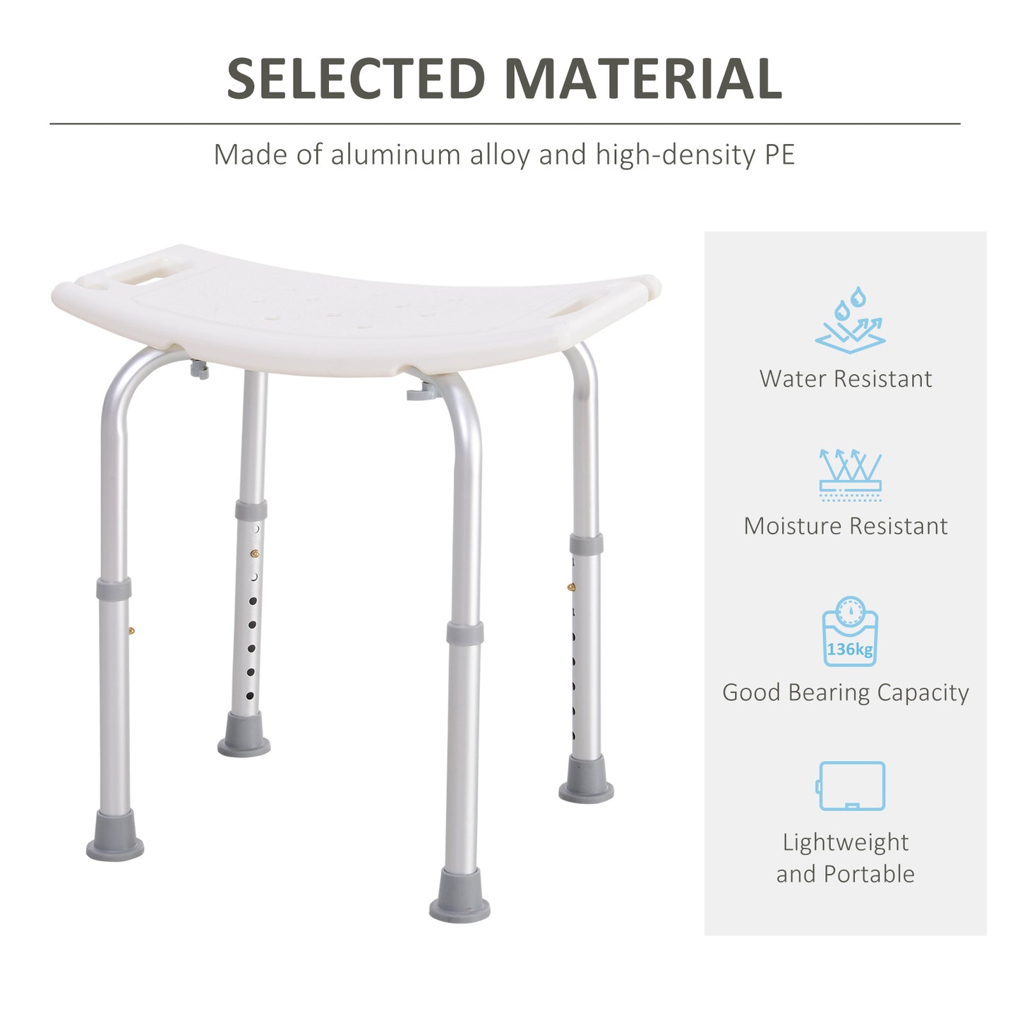 HOMCOM Rectangular Adjustable Height Mobility Medical Grade Stabilized Shower Seat Bath Stool