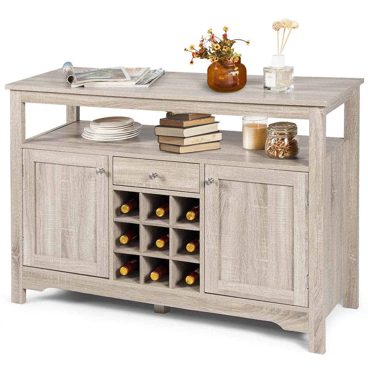 Rustic Cupboard Storage Organizer with 2 Cabinets and 1 Drawer &amp; 9-Bottle Wine Rack-Grey