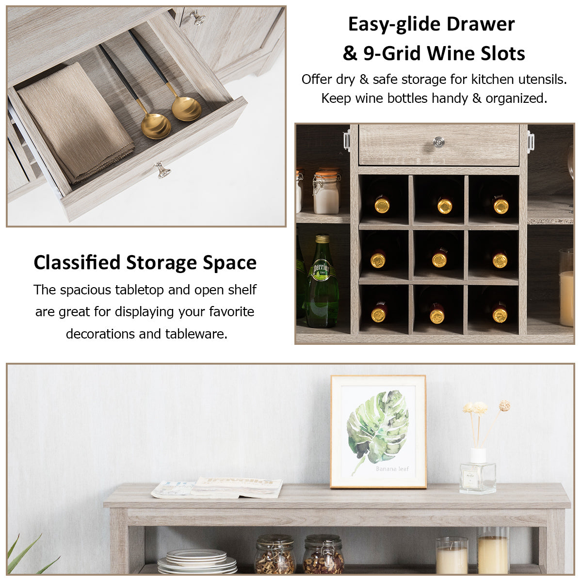 Rustic Cupboard Storage Organizer with 2 Cabinets and 1 Drawer &amp; 9-Bottle Wine Rack-Grey