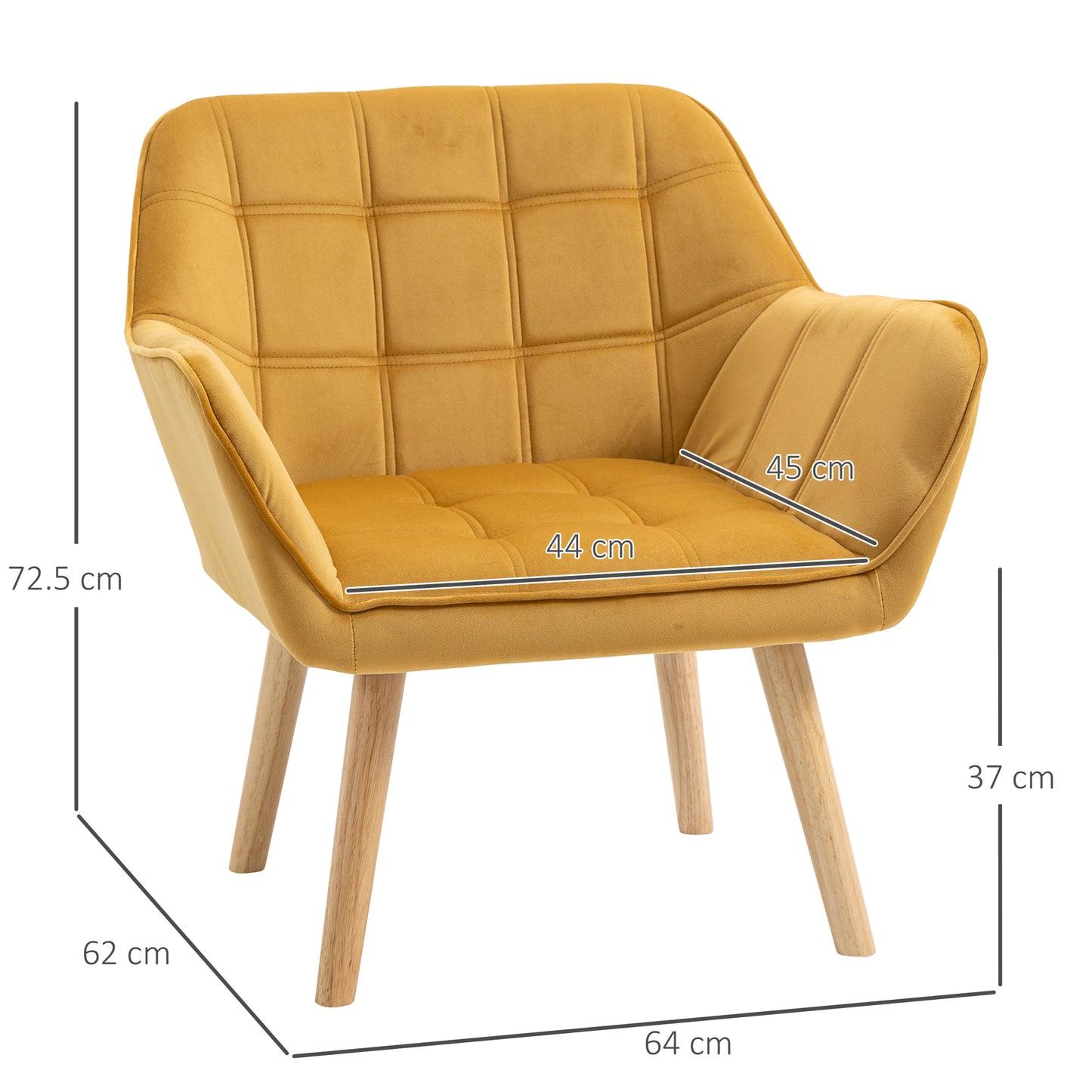 HOMCOM Armchair Accent Chair Wide Arms Slanted Back Padding Iron Frame Wooden Legs Home Bedroom Furniture Seating Set of 2 Yellow