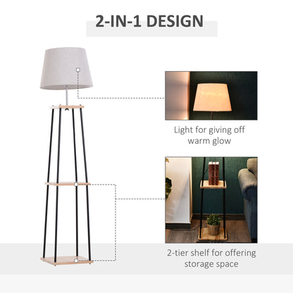 HOMCOM Metal Tripod Floor Lamp w/ 3-Tier Shelves Foot Switch Modern Stylish E27 Lampshade Base  Functional Duo Design