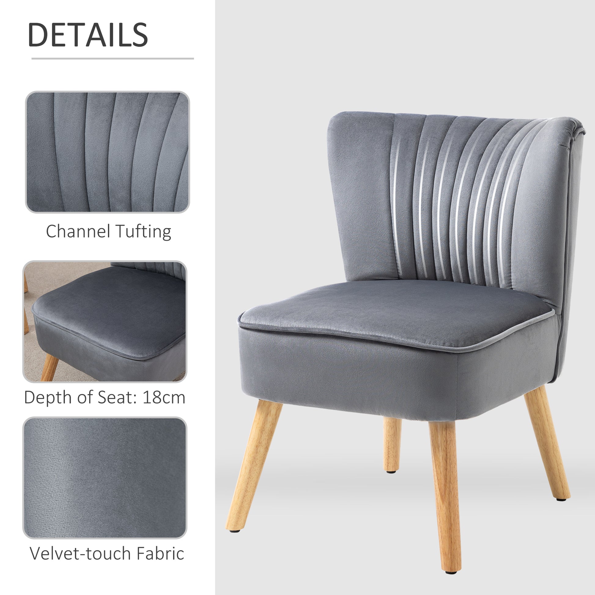 HOMCOM Velvet Accent Chair Occasional Tub Seat Padding Curved Back with Wood Frame Legs Home Furniture Set of 2 Grey