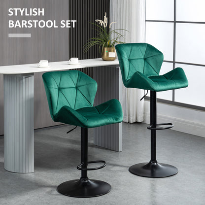 HOMCOM Bar Stools Set Of 2, Luxurious Velvet-Touch Barstools with Metal Frame Footrest Round Base Triangle Indenting Adjustable Height Swivel Green