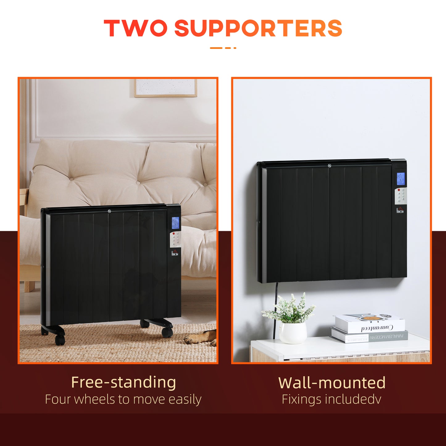 HOMCOM Convector Radiator Heater, Quiet Panel Heater, Freestanding or Wall-mounted Portable Electric Heater with Window Opening Detection Black