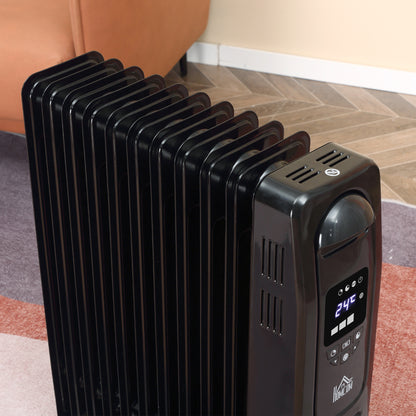 HOMCOM 2180W Digital Oil Filled Radiator, 9 Fin, Portable Electric Heater with LED Display, Timer 3 Heat Settings Safety Cut-Off Remote Control Black