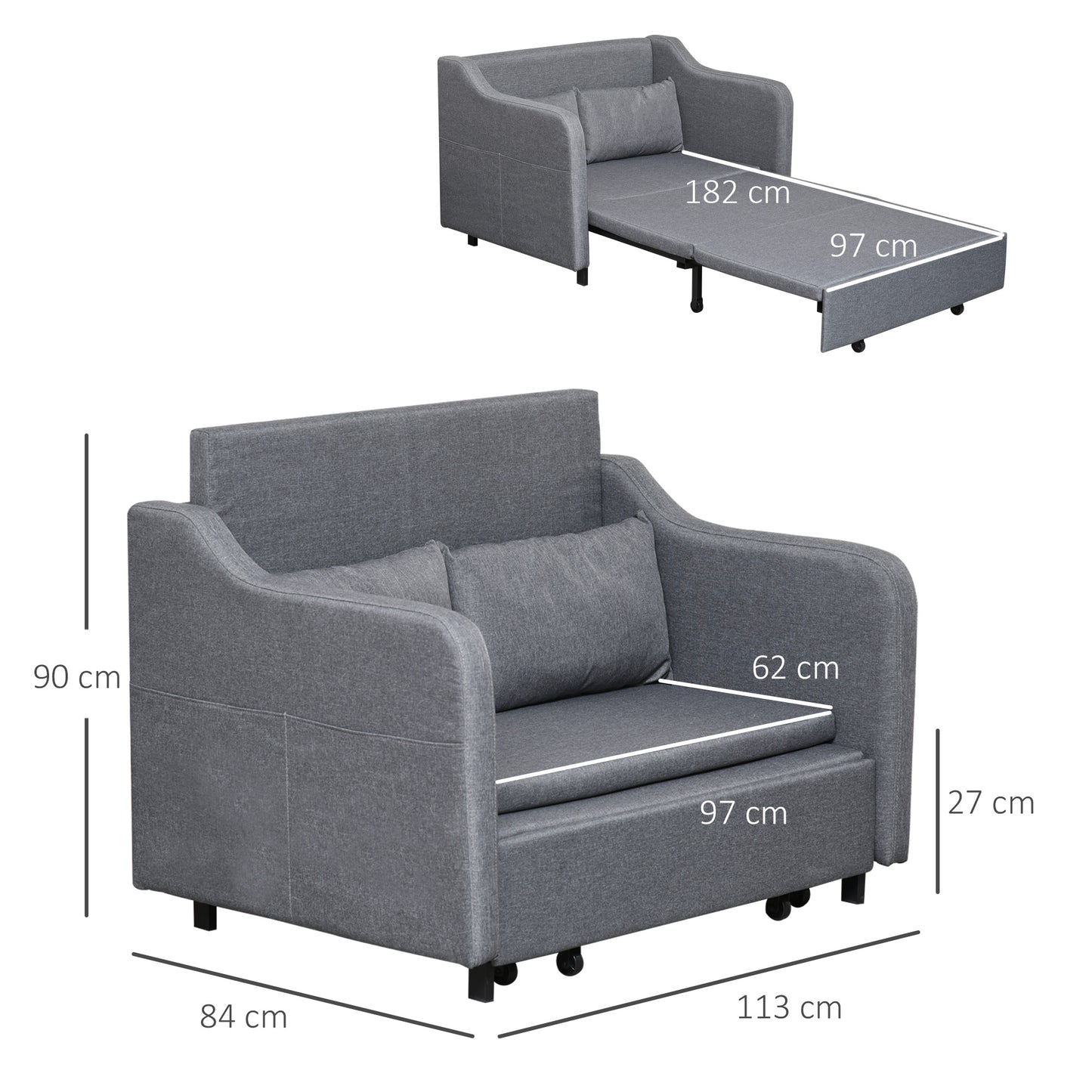 HOMCOM 2 Seater Sofa Bed, Pull Out Sofa Bed with Pillows and Side Pockets, Convertible Sleeper Couch for Living Room, Grey